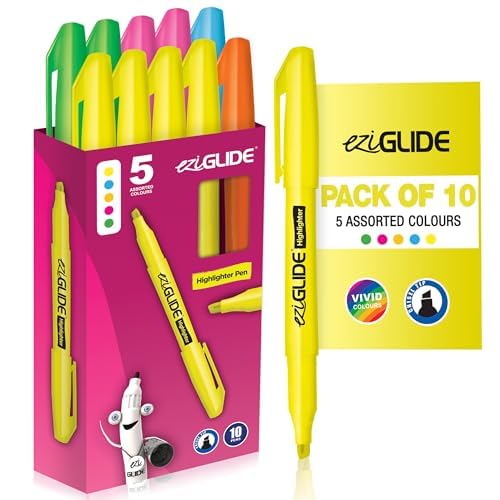 Eziglide 10-Pack Highlighters Pens Set, 5 Assorted Colours – Quick Dry, Vibrant Neon Chisel Tip Highlighter Markers for Bold & Fine Marking – Ideal Stationery for Study, Notes, School, Home, Office