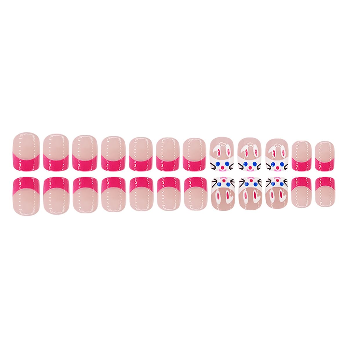 24Pcs Pink French Tip Press on Nails Short Square Easter Fake Nails Cartoon Rabbit Nails Tip Design Cute Full Cover Glue on Nails Bunny False Nails Glossy Stick on Nails for Women Holiday Nails Decor - Image 6