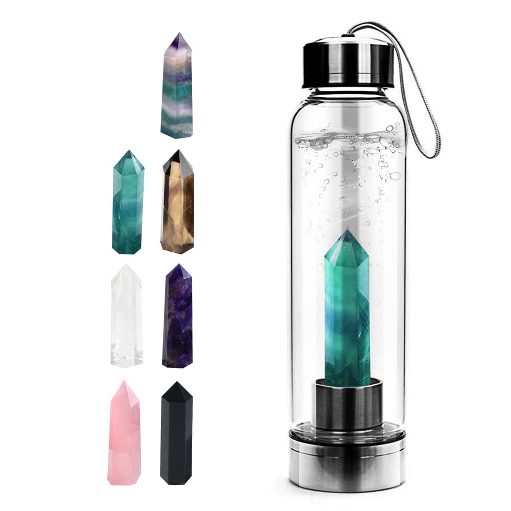 Tyuodna Crystal Water Bottle, Removable Natural Crystal Quartz Glass Water Bottle, Healing Natural Quartz Water Bottle, Portable Proof Leak Gemstone Bottle 550ml (Green Fluorite+Bottle)