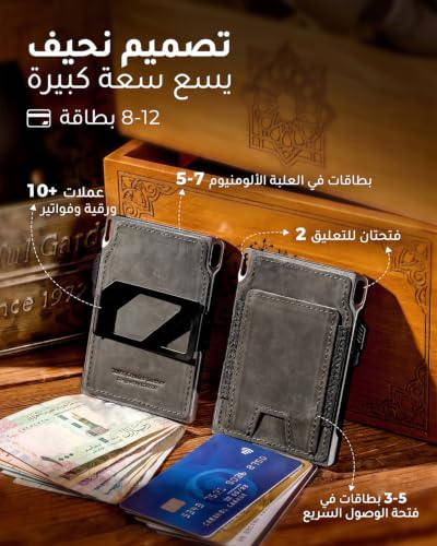 LORZOR Minimalist Wallet for Men - Slim Tactical Pop Up Card Holder Wallet with Cash Clip, RFID Blocking Aerospace Aluminum & Premium Leather Mens Wallet, Lanyard Hole (Military_Green)