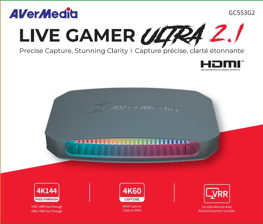 AVerMedia 4K60 Capture Card with HDMI 2.1, Low Latency, 4K144/4K120 Passthrough, Game Capture Device for PS5, PS5 Pro, Xbox, Switch, Streaming on Twitch, OBS on Mac & PC, GC553G2 Live Gamer Ultra 2.1