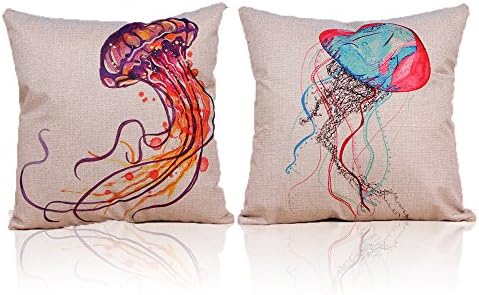 Sytone Throw pillow case -2Pcs Polyester Linen Pillow Covers and Watercolor Sea Animal Adorable Jellyfish Throw Pillow Case Personalized Cushion Cover for Home Sofa Bedding Decorative 18 X 18 Inches