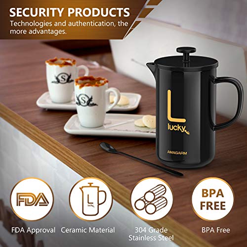 Updated 2020 Version Stoneware Natural Original Taste French Press Insulated, AMAGARM Large Coffee Maker Screen System 100% No Coffee Grounds Guarantee, Dishwasher Safe, Green and Healthy (Grade-A)