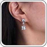 Erimberate Bohemian Square Crystal Dangle Earrings Silver Circle Cz Drop Earrings Rhinestone Geometric Stud Earrings Crystal Square Circle Earrings Jewelry for Women Gifts