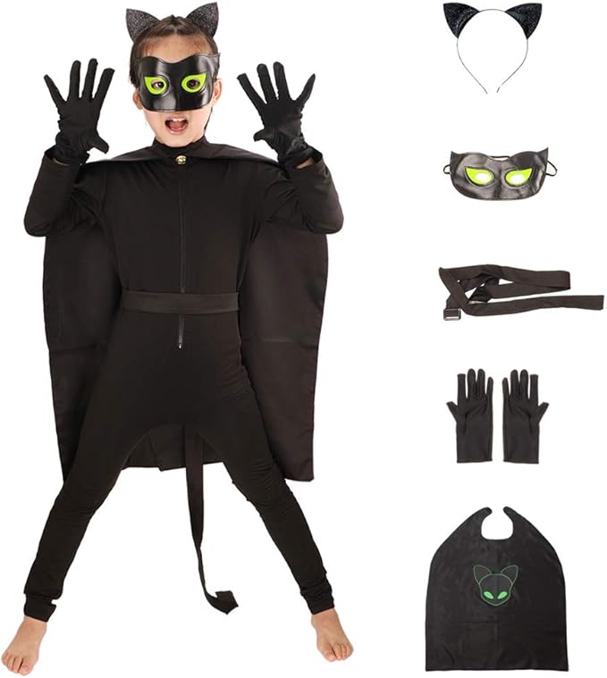 Kids Ladybug And Cat Noir Costume Childrens Cosplay Jumpsuits With Superhero Capescat Ears Headband And Mask 6pcs