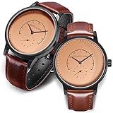 Couple Watches His and Hers Anniversary Gifts Retro Leather Strap Matching Wrist Watch 30M Waterproof with Quartz Analog Dial Matte Black Stainless Steel Case Set of 2 Pairs