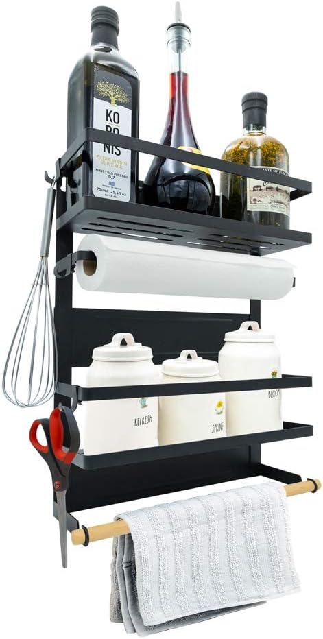 Darvish & Saints Magnetic Fridge Spice Rack Organizer [Large with 6 Utility Hooks] - 4 Tier Mounted Storage, Paper Towel Roll Holder, Kitchen Shelves, Pantry Wall, Laundry Room, Dorm, Garage [Black]: Home Improvement