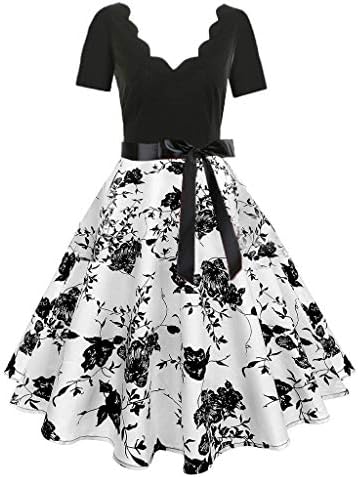 Printed 50s Vintage Retro Floral Rockabilly Cap Sleeves Prom Cocktail Party Swing Dress