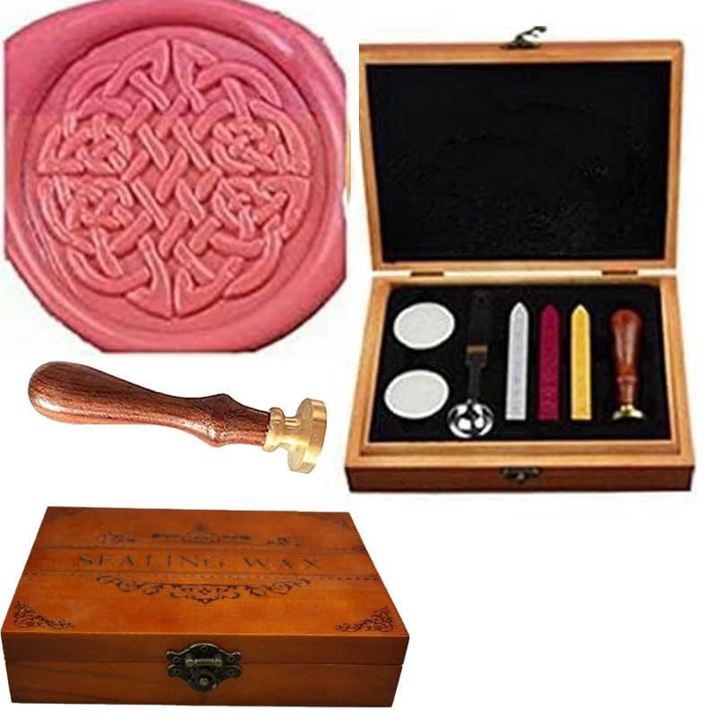 MNYR Vintage Celtic Knot Elegant Wooden Box Wax Seal Sealing Stamp Wedding Invitation Gift Stationary Envelope Embellishment Seal Wax Seal Stick Wooden Handle Melting Spoon Candle Gift Box Set