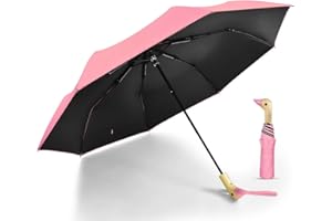 LEAGERA Compact Small Umbrellas for Rain&Sun, Cute Design Duck Head Umbrella for Girls Gifts, 8 Ribs Folding Umbrella with Wooden Handle