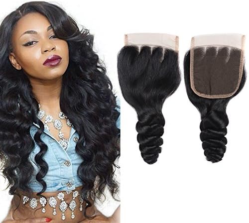 Msjoli Loose Wave Lace Closure 100% Unprocessed Brazilian Virgin Grade 7A Human Hair Extensions Natural Black (20 Inch Three Part)