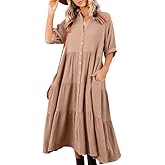 utcoco Womens Puff Sleeve Button Down Maxi Shirt Dresses Casual Loose Fit Tiered Swing A Line Cotton Long Shirt Dress
