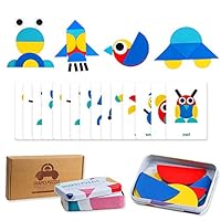 Wooden Animals Jigsaw Puzzles Educational Toys Shapes Puzzles Pattern Blocks for Toddlers Fine Motor Games Sorting and Stacking Toys for Boys Girls Age 3+(36 Shape Pieces& 60 Design Cards in Iron Box)