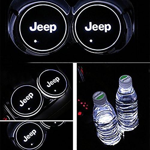 JIanna LED Car Logo Cup Holder Pad 7 Colors Changing USB Charging Mat LED Cup Mat Car Atmosphere Lamp Decoration Lights 2PCS (Jeep)