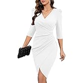IHOT Women's 2026 Sexy V Neck 3/4 Sleeve Faux Wrap Ruched Sheath Bodycon Party Cocktail Work Dress
