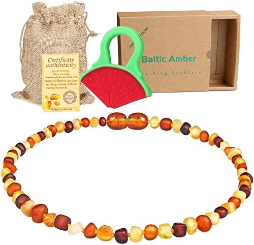 Raw Baltic Amber Teething Necklaces for Babies - Anti Flammatory, Drooling & Teething Pain Reduce Properties - Multicolor UNPOLISHED Amber Necklace with Free Teething Toys for Boys and Girls