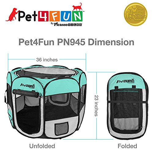 PicassoTiles PET4FUN PN935/PN945 Portable Pet Puppy Dog Cat Playpen Crates Kennel w/Water Resistant 600D Oxford, 210D Nylon, Carrying Bag, Collapsible Bowl, Removable Mesh Cover 2 Sizes - Thumbnail 4