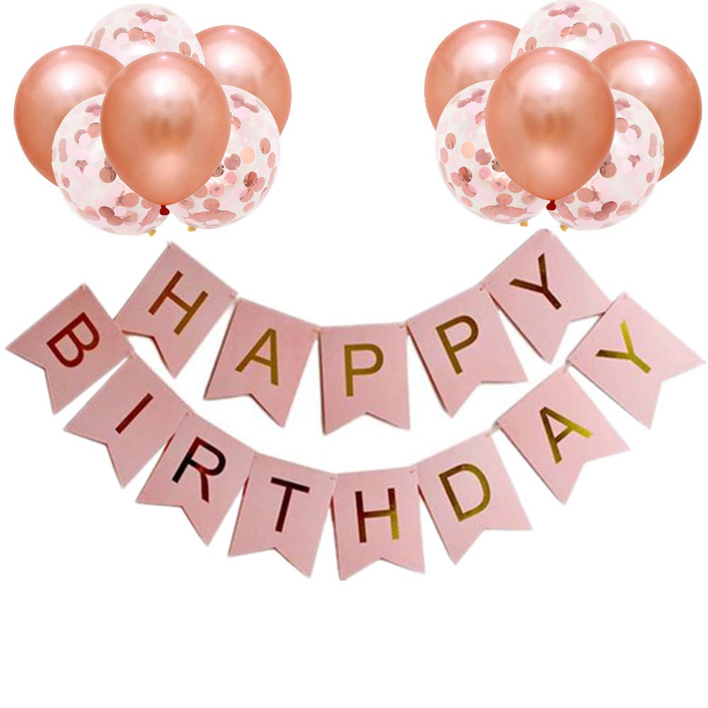 Happy Birthday Banners Rose Gold Birthday Banner Bunting + 12pcs 12” Latex Balloons Girl’s Decorations Supplies for Women