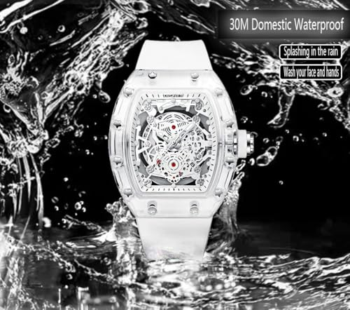 KIMSDUN Stylish Skeleton Sport Watches, Waterproof, Analog Quartz Date Calendar Wristwatch, Transparent Tonneau Case Casual Watch, Silicone Strap for Men Unisex