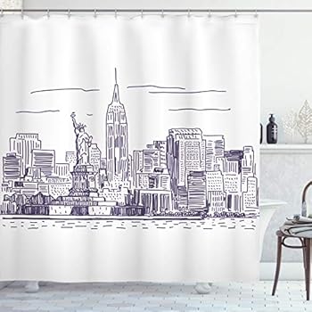 Ambesonne New York Shower Curtain, Sketchy Simple View of NYC of Liberty Freedom Ellis Island Print, Cloth Fabric Bathroom Decor Set with Hooks, 70