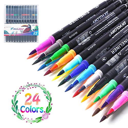 L\'aise vie Dual Markers Brush Pen, 0.4mm Fine Tip Markers & Brush Highlighter Pen Set of 24 for Adult Coloring, Journaling