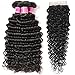 VRBest Brazilian Deep Wave Bundles with Closure 100% Unprocessed Virgin Brazilian Hair 3 Bundles with Closure Deep Curly Human Hair Extensions Natural Color (10 12 14+10)