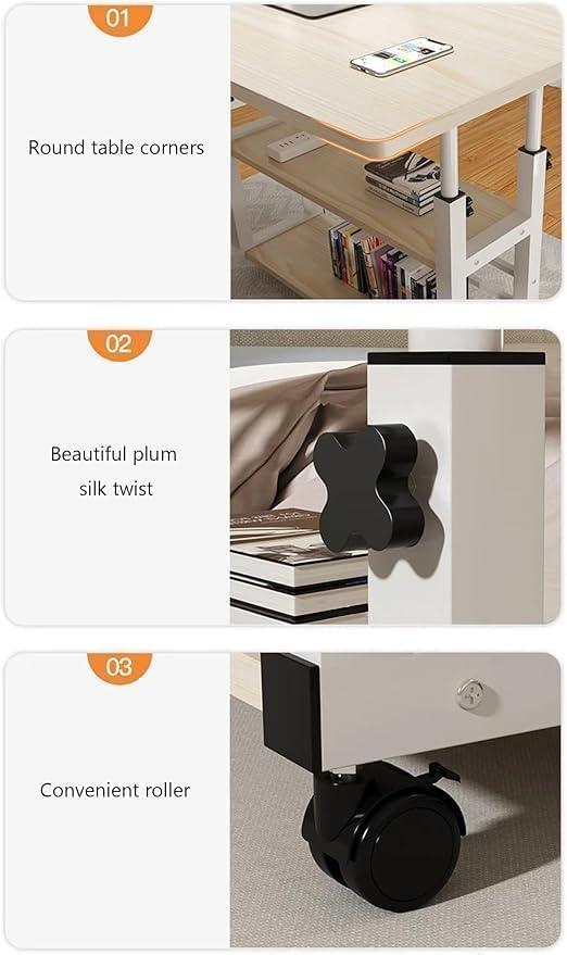 Home Office Desk, Height Adjustable Laptop Table with Shelf, Portable Small Computer Desk with Rolling Wheel, Modern Side Table for Work Study Reading,Stable and Durable, 80 * 40 * 60-90cm.