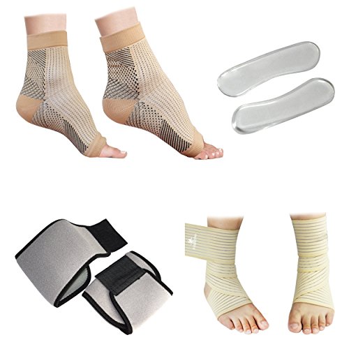 Plantar Fasciitis Foot Sleeve (1 Pair), Cushioned Arch Support (1 Pair), Breathable Ankle Support Wraps (1 Pair) & Gel Heel Grips/Transparent Silicone Heel Cushion Pads (1 Pair) - (Pack of 8)