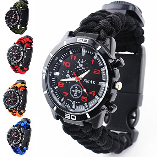 OSOPOLA Survival Paracord Bracelet Life Saving Tools Pope Waterproof Luminous Watch Whistle Emergency Knife Fire Starter Scraper Compass Thermograph Camping Hiking Diving