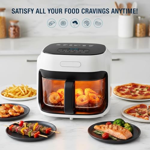 7.4QT Air Fryer with Glass Bowl, Visible Window Lid, Digital Control, 360° Rapid Air Circulation, for Healthy Oil-Free Cooking & Baking, Dishwasher Safe, Nonstick, Easy Clean (White)