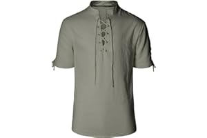 Teyujosem Men's Pirate Shirt Renaissance Medieval Viking Shirt Linen Short Sleeve Lace Up Top Halloween Costume