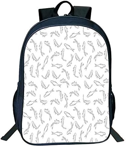 Print Black Double-Deck Rucksack,Grey White,Fish Pattern Underwater Animals Abstract Marine Lake Peaceful Illustration Decorative,Grey White Kids,Pictures Print Design.15.7"x 11.8"x 6.3"