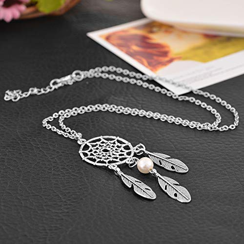 MJartoria Women's Dangling Feather White Charms Filigree Tribal Dreamcatcher Pendant Chain Necklace