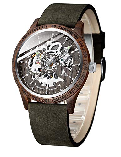 IK COLOURING Mens Wooden Watches, Automatic Mechanical Wood Wrist Watch, Luxury Skeleton Wood Watches for Men with Genuine Leather Bracelet - Green