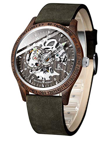 IK Colouring Men Watches, Wood Case Casual Automatic Mechanical Skeleton Wrist-Watch Genuine Leather Bracelet