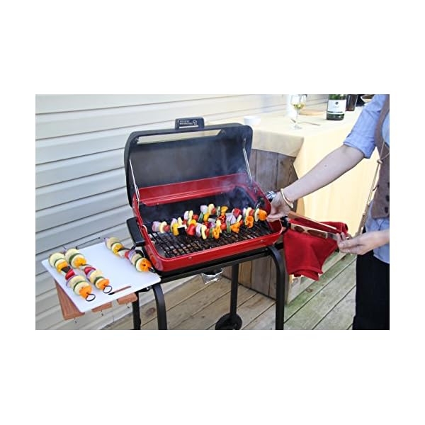 Americana-Electric-Cart-Grill-with-two-folding-composite-wood-side-tables-and-wire-shelf