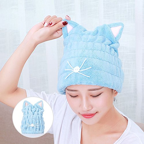 DS-Space Adjustable Microfiber Cute Cartoon Cat Hair Drying Cap Ultra Soft Absorbent Dry Hat Hair Wrap Towel, 