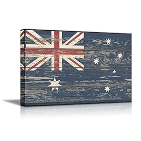 Flag of Australia on Vintage Wood Board Background Stretched