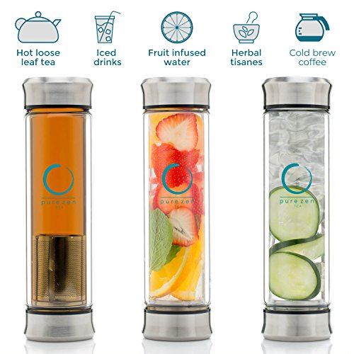 Pure Zen Tea Tumbler with Infuser - Double Wall Glass Travel Mug with Stainless Steel Filter - Leakproof Tea Infuser Bottle for Loose Leaf Infusions and Fruit Infused Water - Unique Gift Set - 13 oz