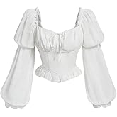 MakeMeChic Women's Renaissance Pirate Costume Corset Tops Puff Long Sleeve Ruched Bust Ruffled Peplum Peasant Blouse