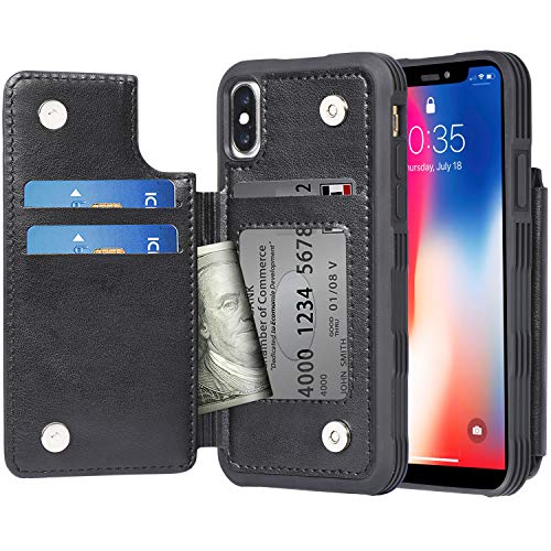 Arae Case for iPhone X and iPhone Xs - Wallet Case with PU Leather Card Pockets [Shockproof] Back Flip Cover for iPhone X/Xs 5.8 inch (Black)