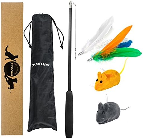 TEQIN 7in1 Kit Cat Toys Interactive Feather Teaser Wand Toy Set Retractable Fish Rod with Refills Feathers, Squeaky Catnip Mice Attachments, Funny Catcher for Cats Kitten(Thick-Black)