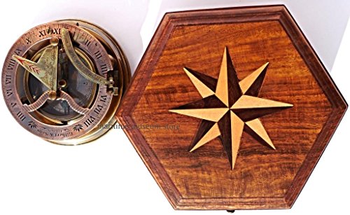 MARINE ART HANDICRAFTS Steampunk for Solid brass Sundial Compass in fitted Wooden Box. C-3052