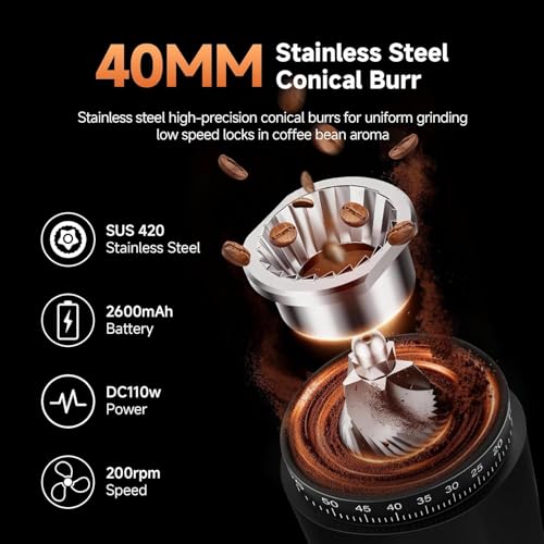 AAOBOSI Cordless Coffee Grinder Electric,Burr Coffee Grinder with Precise 60 Grind Settings,Anti-Static,5-98s Timer, Coffee Grinder Suitable for Indoor Home,Office & Outdoor Camping,Travel Use,Black.