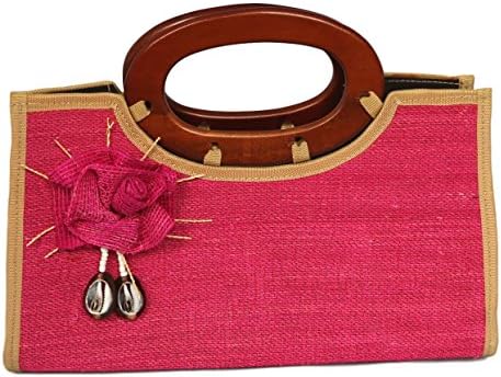 Bali Pink Straw Agel Handbag, Wood Handles with floral and shells