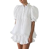 Sotimoon Womens Ruffle Short Set Fashion Summer Puff Sleeve Button Down Top and Shorts Cotton 2 Piece Outfits