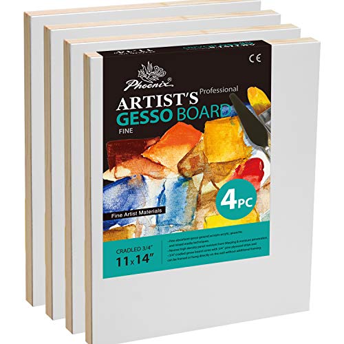 PHOENIX Gesso Wood Art Painting Panel Boards, 11x14 Inch/4 Pack Fine