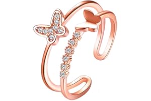 Dainty Butterfly Ring for Women Teen Girls Silver Rose Gold Double Butterfly Ring Adjustable Crystal Butterfly Knuckle Ring (