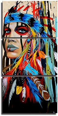 Native American Indians Girl Feathered Canvas Wall Art Painting Decorations in 3 Pieces Vertical