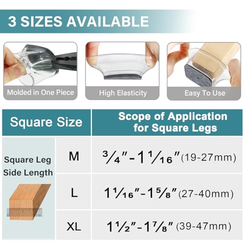 Square Chair Pads 24 Pieces Transparent Silicone Felt Pads with Felt, Anti-Scratch Felt for Chairs, Protective Leg Caps for Wooden Floors(Fit:19-25mm)